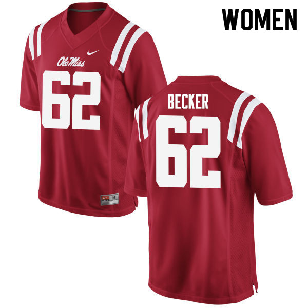 Women #62 Cole Becker Ole Miss Rebels College Football Jerseys Sale-Red - Click Image to Close